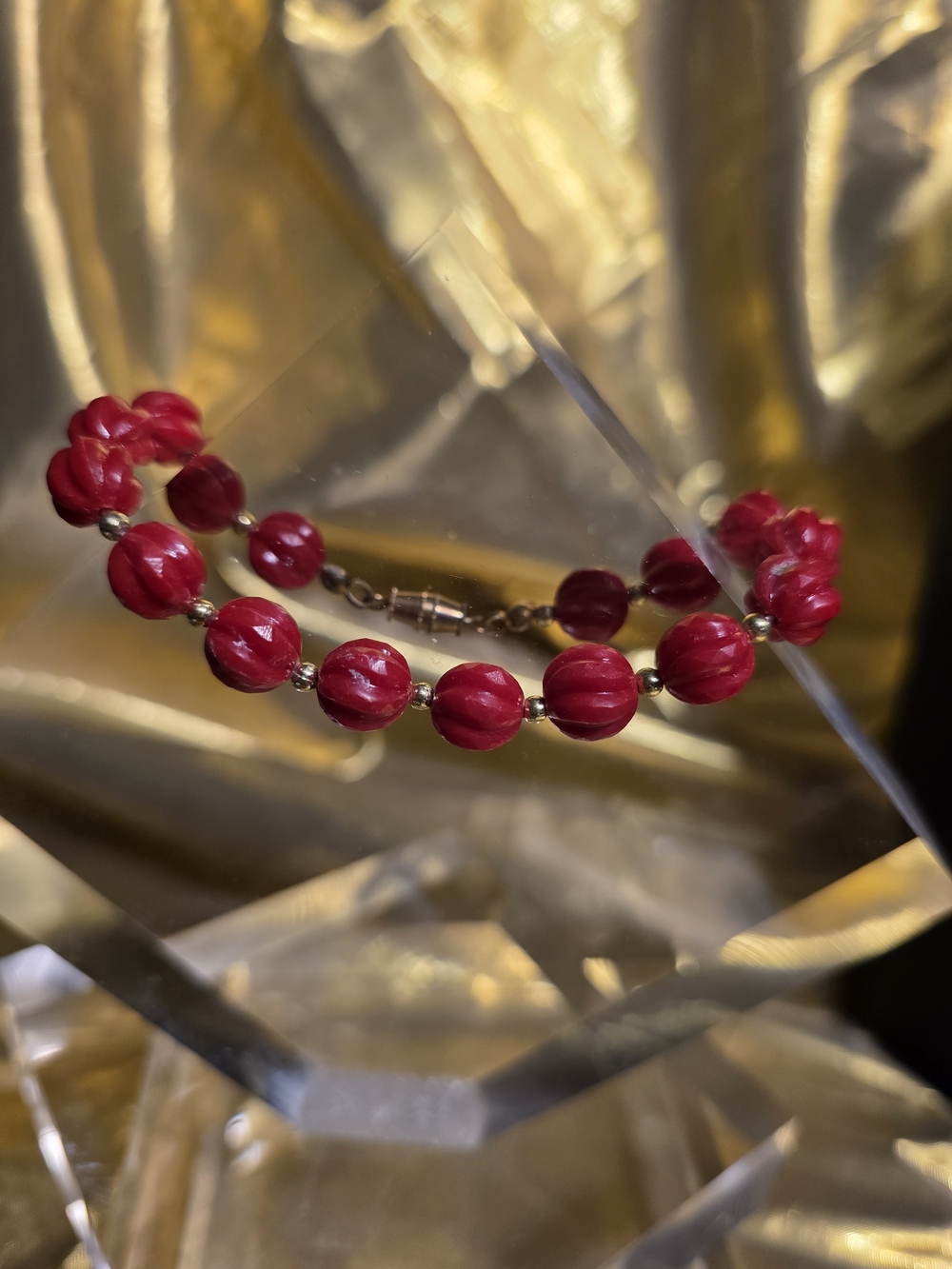 #930 Red Beaded Bracelet with Gold Accents - Women Jewelry - Picture 2 of 4